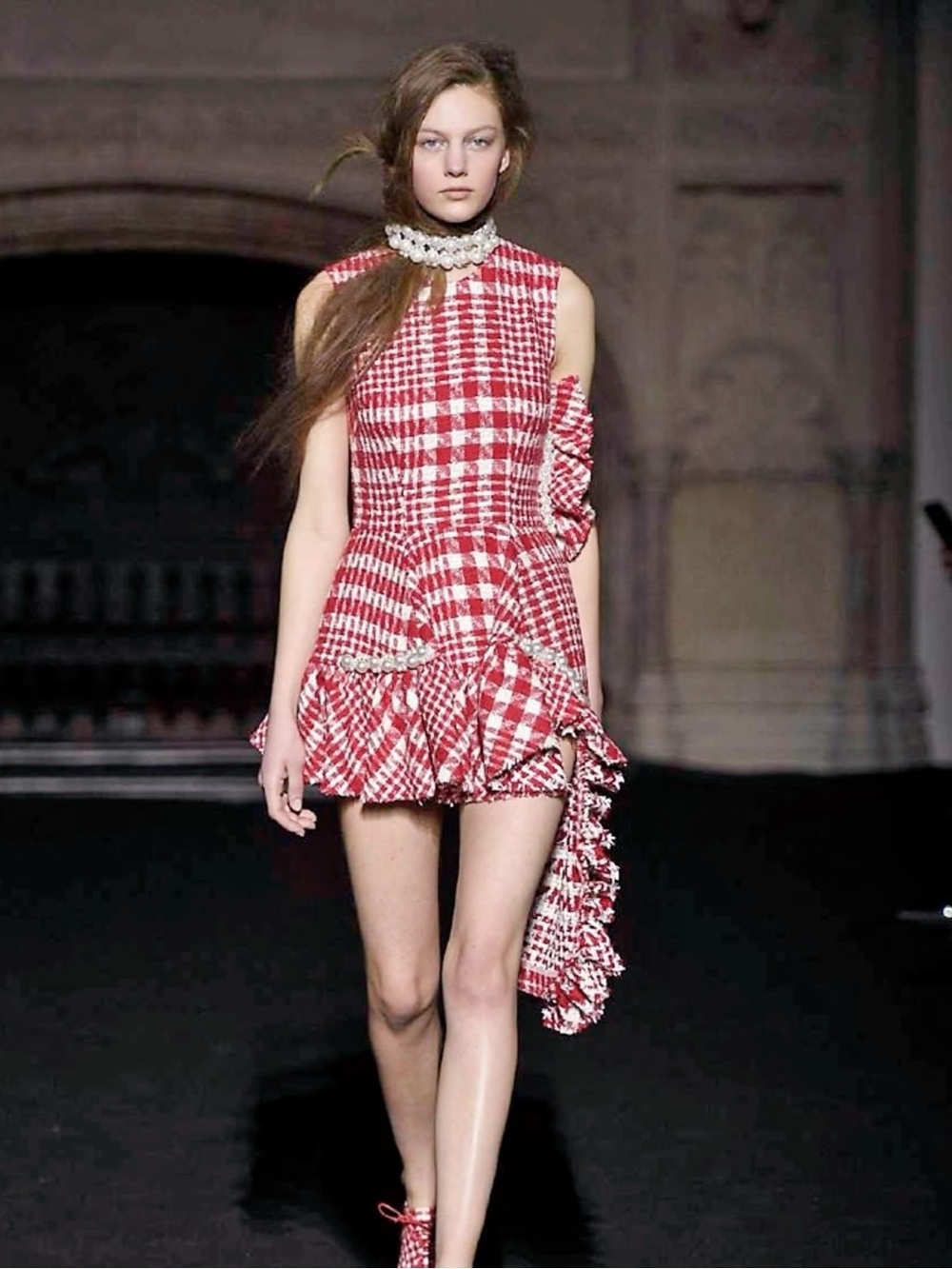Simone Rocha Red Gingham Asymmetrical Ruffle Mini Dress